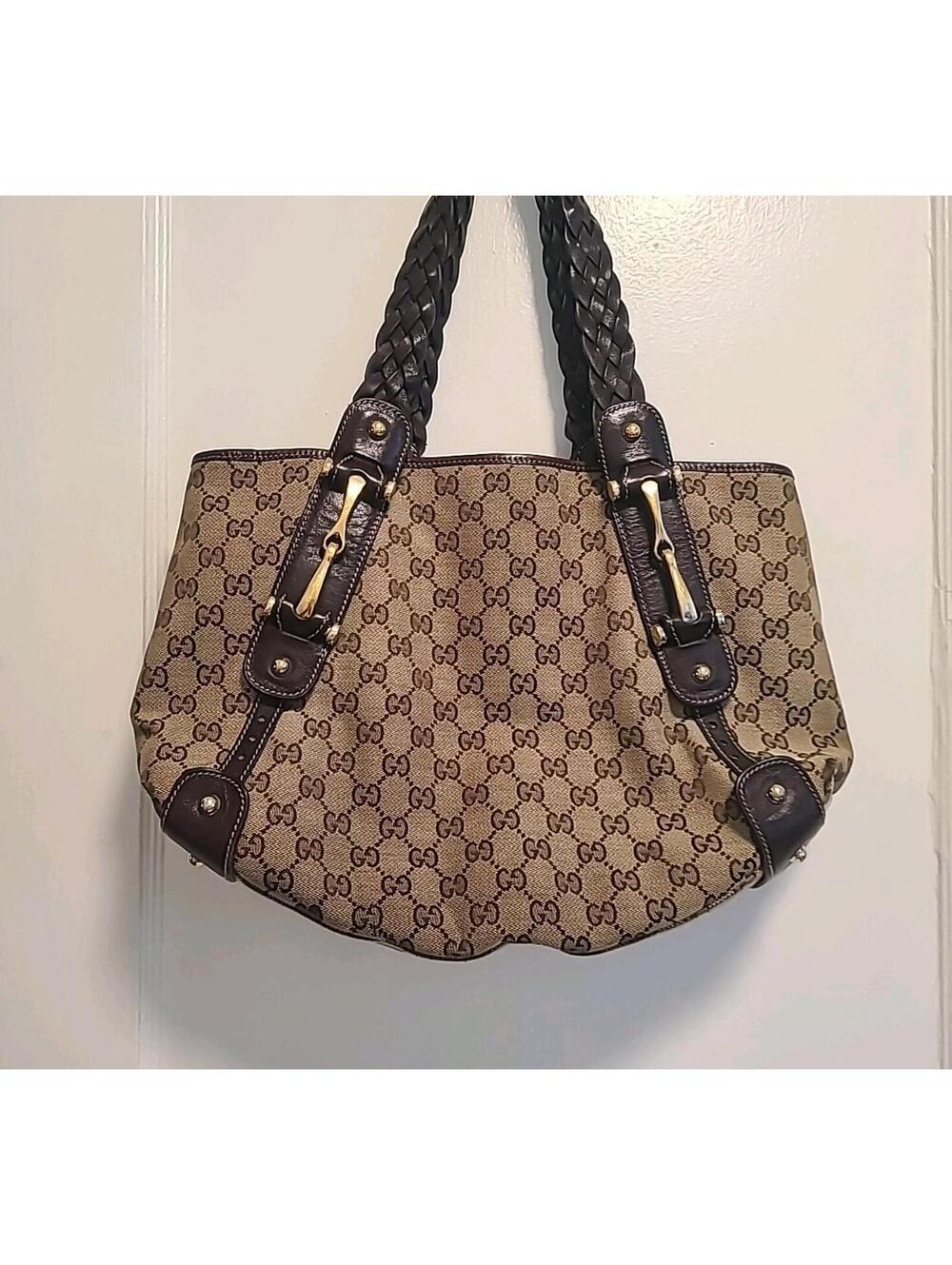 Auth Gucci GG Canvas Brown 137621 horsebit/Pelham Braided Shoulder Bag NS162900
